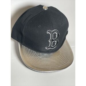 New Era Boston Red Sox Hat Black Metallic Silver Flat Brim Adjustable MLB Cap
